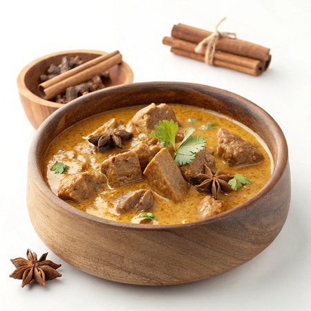 Hyper-realistic Mutton Rezala in a wooden bowl on a clean white background, creamy curry with aromatic spices, premium food-focused presentationの素材