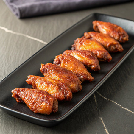 Hyper-realistic chicken wings on a black long plate on a table, crispy and juicy, premium food-focused presentation, appetizing and photorealisticの素材