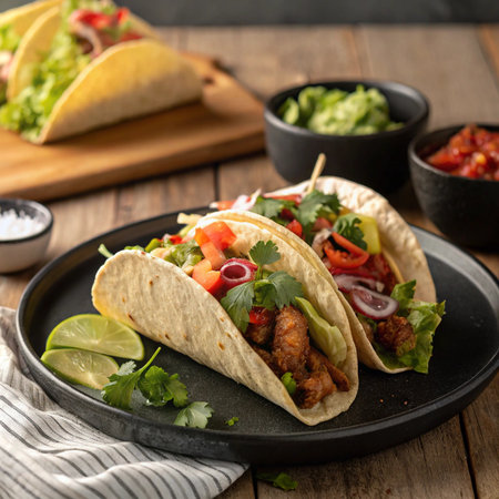 Hyper-realistic tacos on a black plate placed on a wooden table, vibrant fresh ingredients, appetizing and premium food-focused presentationの素材