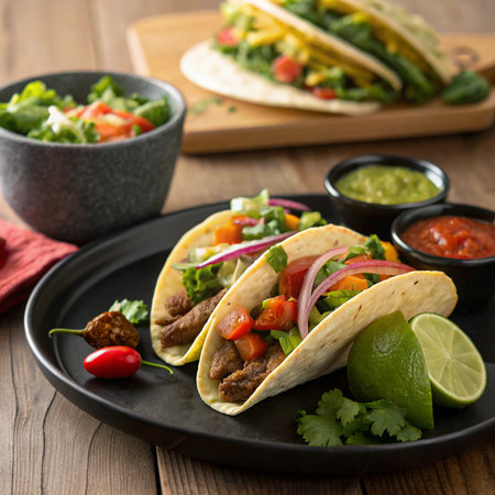 Hyper-realistic tacos on a black plate placed on a wooden table, vibrant fresh ingredients, appetizing and premium food-focused presentationの素材