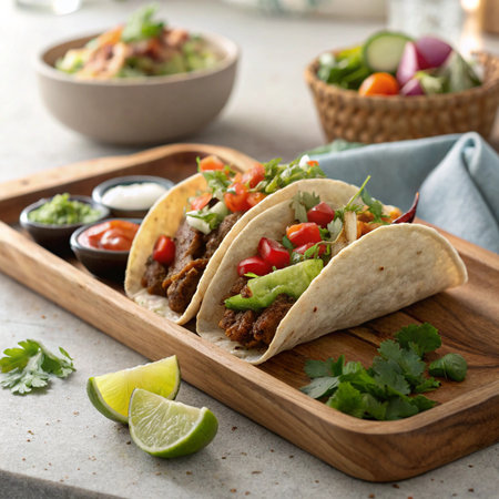 Hyper-realistic tacos on a wooden long plate placed on a table, vibrant ingredients, premium food-focused presentation with natural lighting and textureの素材
