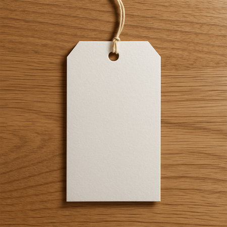Hyper-realistic white tag mockup on a wooden background, clean minimal design, premium product branding presentation with natural texture and lightingの素材