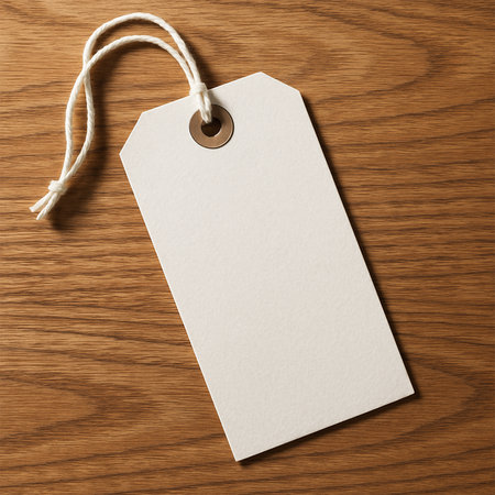 Hyper-realistic white tag mockup on a wooden background, clean minimal design, premium product branding presentation with natural texture and lightingの素材