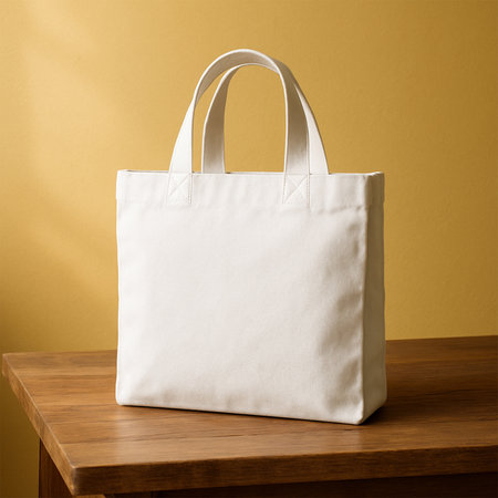 Hyper-realistic white tote bag mockup on a wooden table with a yellow wall background, clean premium product presentation with natural lightingの素材