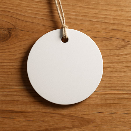 Hyper-realistic white circle tag mockup on a wooden background, clean minimal design, premium product branding presentation with natural lightingの素材