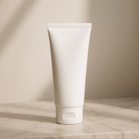 White Facewash Tube Mockup on Marble Table with Soft Sunlightの素材