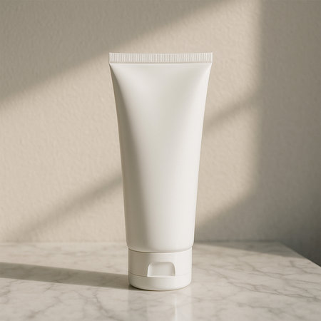 White Facewash Tube Mockup on Marble Table with Soft Sunlightの素材