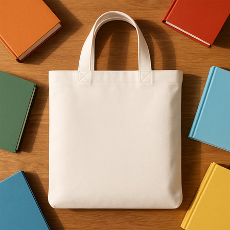 White Tote Bag Flat Lay Mockup on Wooden Study Table with Booksの素材