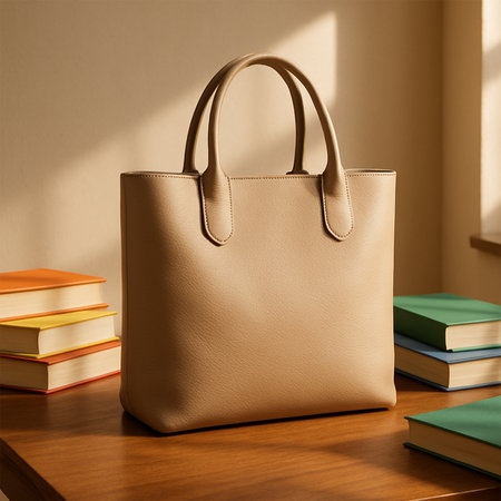 Premium Tote Bag on Study Table with Sunlit Booksの素材