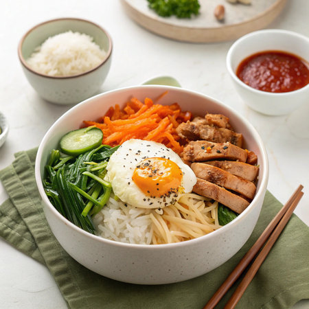 Bibimbap Bowl with Chicken, Vegetables, and Spicy Sauceの素材