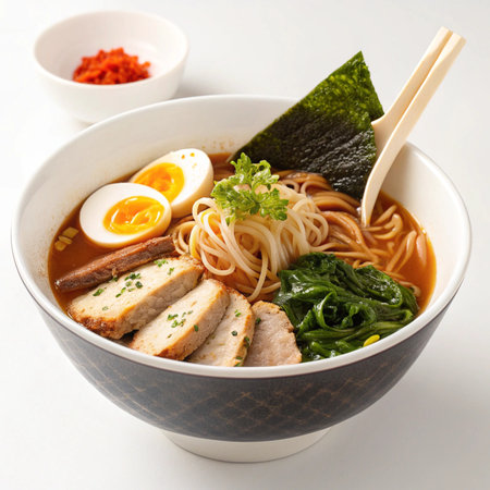 Premium Ramen Bowl with Egg, Vegetables, and Proteinの素材