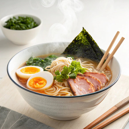 Premium Ramen Bowl with Egg, Vegetables, and Proteinの素材