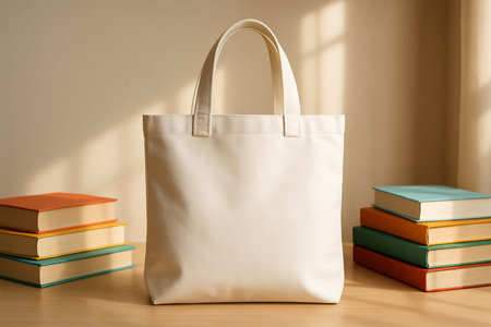 White Tote Bag on Study Table with Colorful Books in Sunlightの素材