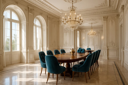 Neo-Classical Dining Room with Chandeliers and Marble Floorsの素材