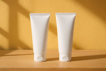 Two White Facewash Tubes on Wooden Table with Yellow Wall and Sunlightの素材