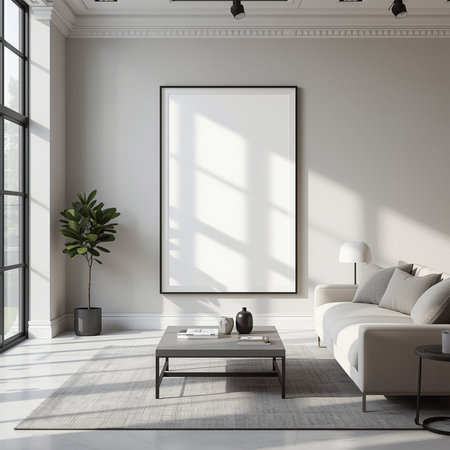 Large Poster Frame Mockup in Modern Living Room with Big Windowの素材