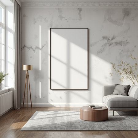 Large Poster Frame Mockup in Modern Living Room with Big Windowの素材