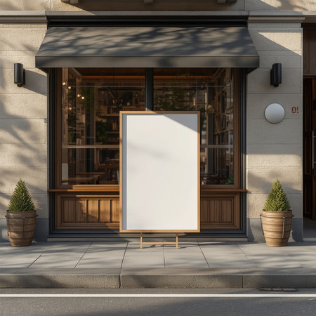 Large Poster Frame Mockup Outside CafÃ© on Streetの素材