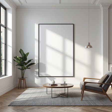 Large Poster Frame Mockup in Modern Living Room with Big Windowの素材