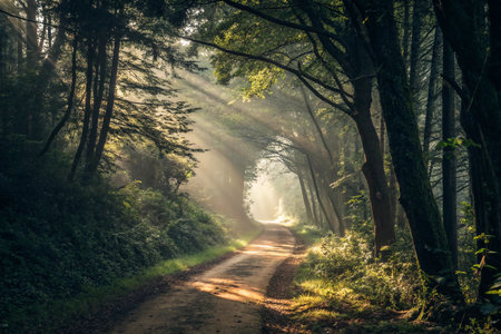 Sunbeam Forest Path with Dramatic Sunlight Filteringの素材