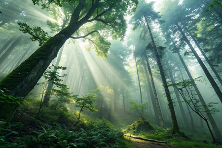 Mystic Emerald Forest with Mist and Sunlight Raysの素材