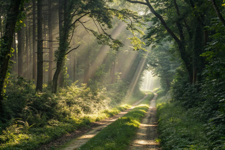 Sunbeam Forest Path with Dramatic Sunlight Filteringの素材