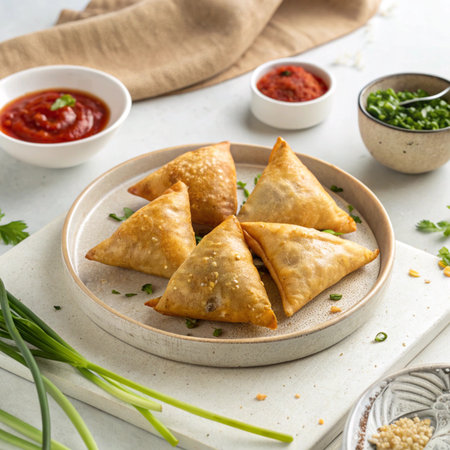 Samosas on Round Ceramic Plate with Clean Backgroundの素材