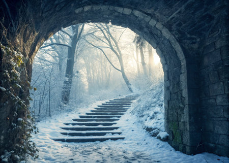 Stone Steps Through Archway in Winter â Premium Wallpaperの素材