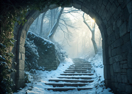 Stone Steps Through Archway in Winter â Premium Wallpaperの素材
