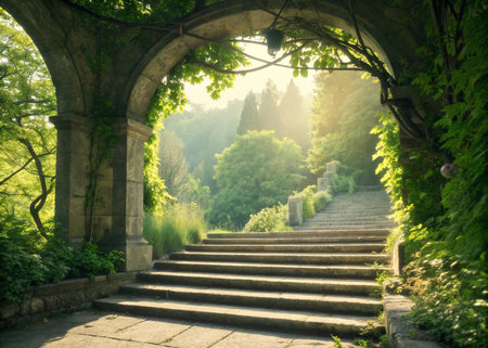 Stone Steps Through Archway in Summer â Premium Wallpaperの素材