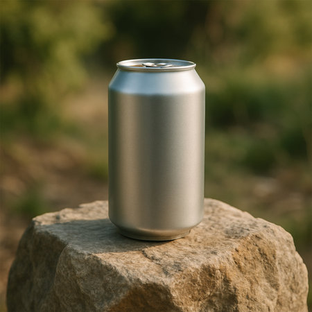 Silver Juice Can Mockup on Stone in Nature with Calm Sunlightの素材