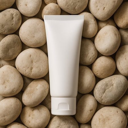 Flat Lay White Facewash Tube Mockup with Stone Backgroundの素材