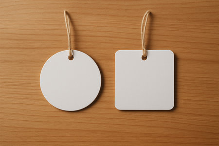White Circle and Square Tags on Wooden Backgroundの素材