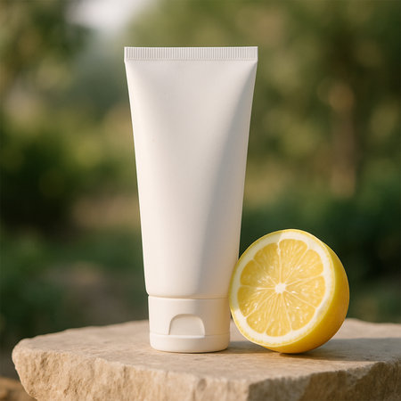 White Facewash Tube Mockup with Lemon Slice in Natureの素材