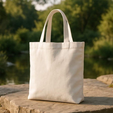 White Tote Bag Mockup on Stone in Natureの素材