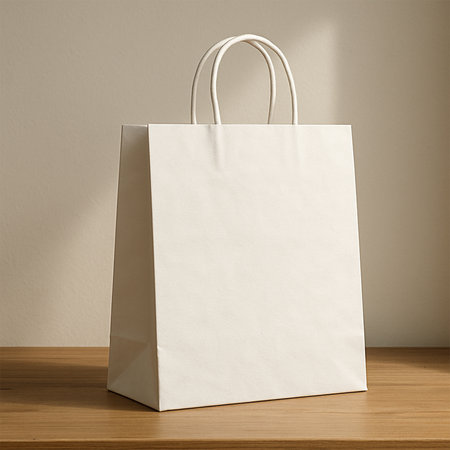 White Shopping Bag Mockup on Wooden Surfaceの素材