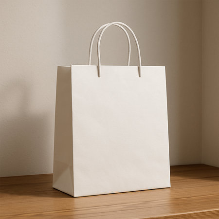 White Shopping Bag Mockup on Wooden Surfaceの素材