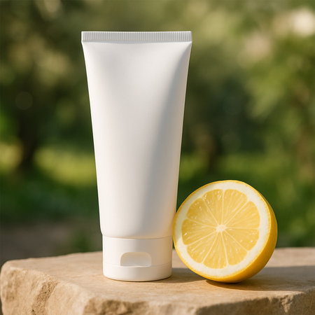 White Facewash Tube Mockup with Lemon Slice in Natureの素材