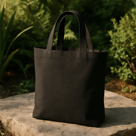 Black Tote Bag Mockup on Stone in Natureの素材