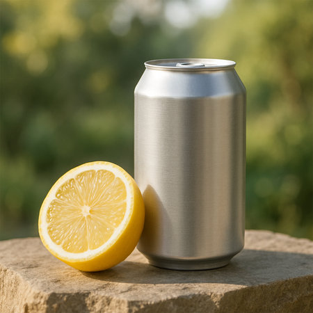 Silver Juice Can Mockup with Lemon Slice in Natureの素材