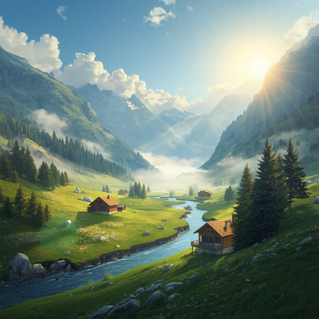 Serene Morning in Mountain Valleyの素材