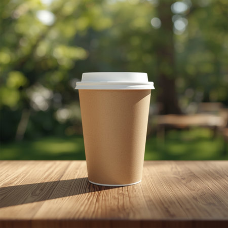Kraft Coffee Cup Mockup Outdoors on Wooden Tableの素材