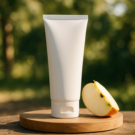 Premium White Facewash Tube Mockup with Apple Slice on Wooden Platform in Natural Sunlight â Realistic Lifestyle Skincare Presentationの素材