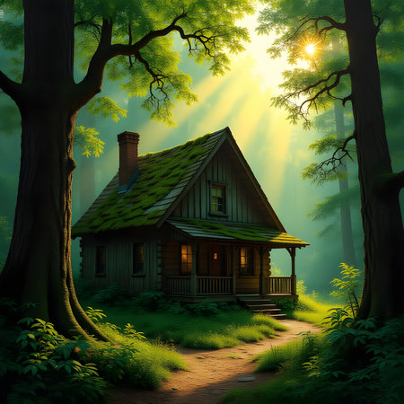 Premium Forest Oil Art Wallpaper Featuring an Old House Under Warm Sunlight â Realistic Nature-Inspired Painting for Interior Decorの素材
