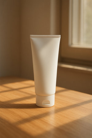 Realistic White Facewash Tube Mockup on Wooden Table with Natural Sunlight Through Window â Premium Lifestyle Skincare Presentationの素材