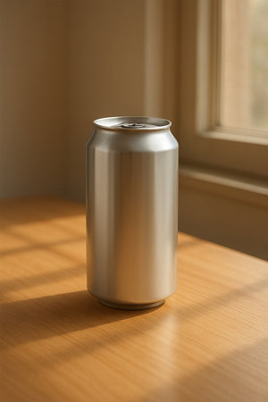 Realistic Silver Juice Can Mockup on Wooden Table with Natural Sunlight Through Window â Premium Lifestyle Product Presentationの素材