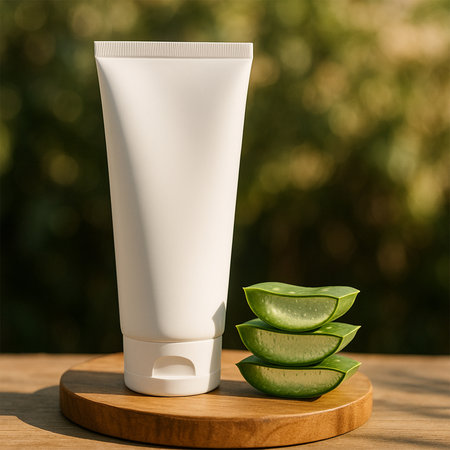 Premium White Facewash Tube Mockup with Aloe Vera Slices on Wooden Platform in Natural Sunlight â Realistic Skincare Lifestyle Sceneの素材