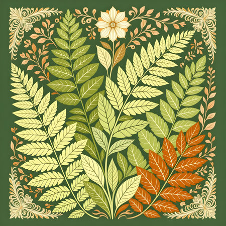 Lush Meadow â Elegant Line Art Illustration in Forest Green, Fern, Pale Lime, Ivory, and Walnut Brown for Premium Print Designの素材