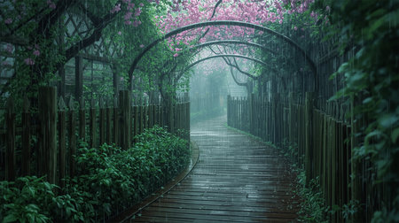 Narrow Wooden Walkway in Lush Forest with Pink Blossom Canopy and Soft Rain â Ultra-Detailed 4K Anime-Style Premium Wallpaperの素材