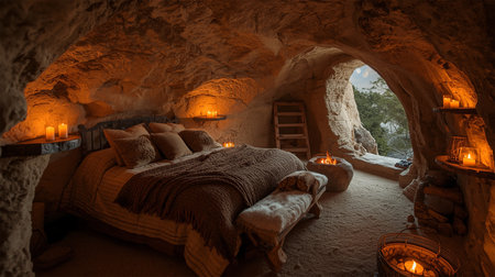 Cozy Cave-Style Bedroom Carved from Natural Stone â Warm Amber Lighting, Rustic Comfort, and Intimate Earthy Interior Designの素材
